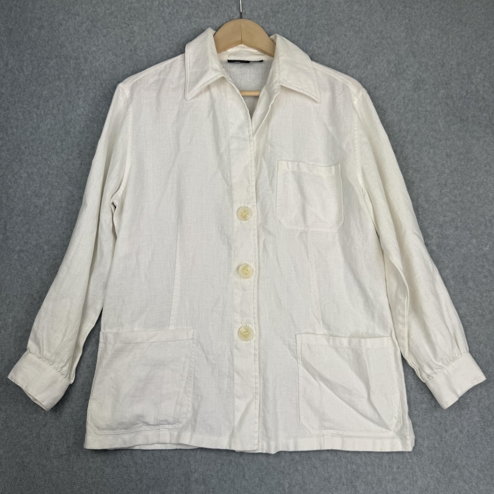 Lafayette 148 Jacket Womens 10 White 100% Linen Button Up Utility Pocket Beachy